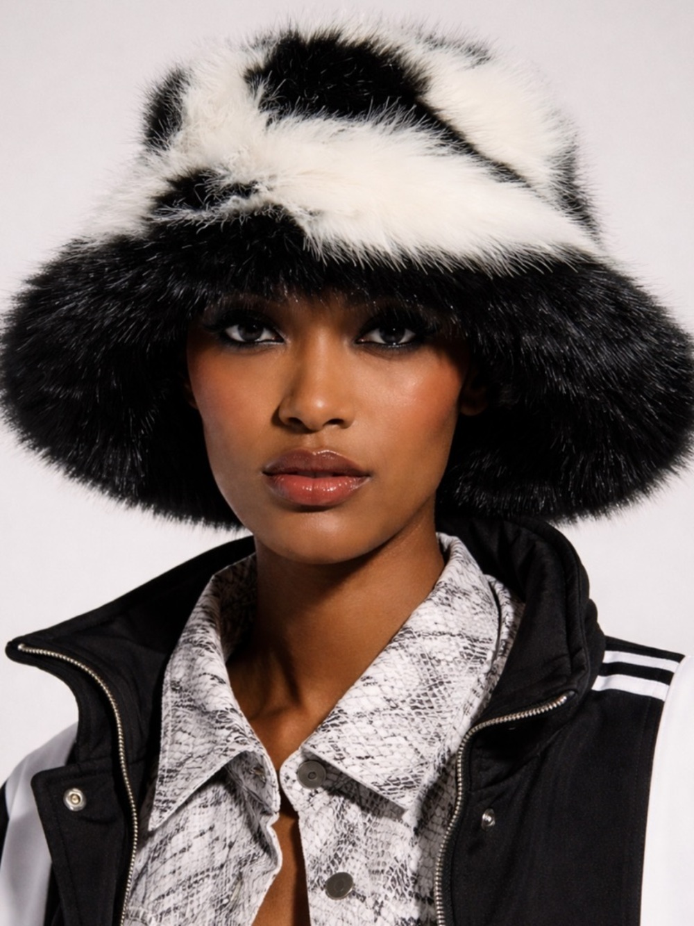Faux Fur Bucket Hat Black White Tie Maximalist